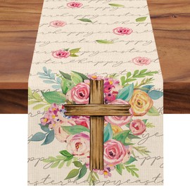 Croar Happy Easter Christian Table Runner, Religious Faith Cross Rose Flower Floral Kitchen Dining Table Decoration, Spring Vintage Burlap Indoor Outdoor Home Decor Party Supply 13 x 90 Inches