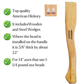 1 pack American Hickory Axe handle replacement for 14" axes that use 1-1/4 pound heads Complete Set with Wooden and Steel Wedges - Hatchet handle replacement - hickory hatchet handle replacement axe
