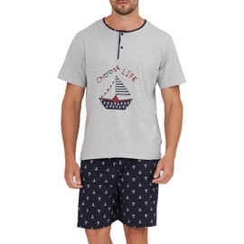 Keyocean Mens Henley Pajama Set, Soft Breathable Cotton for Summer Sleepwear, Home Lounge, Yoga, Gym, Running & Travel - Ideal Gift for Men, Husband, Dad, Sons, Grey, XX-Large