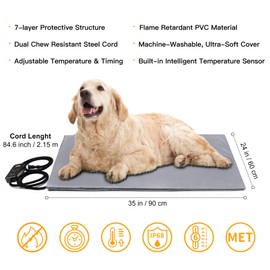 Toozey Large Pet Heating Pad, 6 Adjustable Temperature Dog Cat Heating Pad with Timer, Waterproof Heated Dog Bed with Chew Resistant Cord, Indoor Electric Pet Heated Mat 35x24in