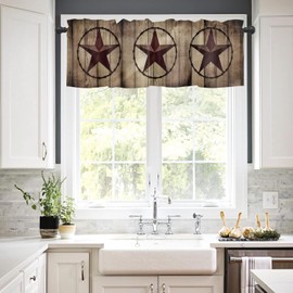 2 Pack Western Stars Curtains Valance for Kitchen Windows,Texas Stars Farm Barn Short Curtains & Drapes Rod Pocket,Set of 2 Rustic Wooden Valance for Living Room Curtain Over Sink 54x18in,2Panel
