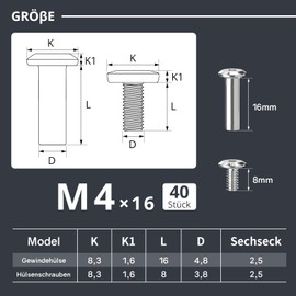 Pack of 40 M4 x 16 mm Connection Screws, Sleeve Screws, Stainless Steel A2 V2A, Furniture Screws, Cabinet Connector with Hex Key for Cabinets, Cabinets, Wood Bread