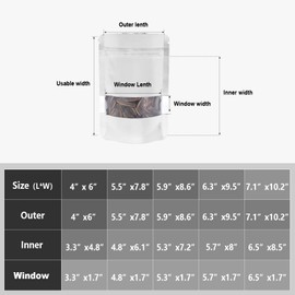 ODDIER 5.5"x7.8" 120pcs Smell Proof Mylar Bags for Food Storage, Stand-up Resealable Mylar Bags Food Storage Bags with Matte Window, Foil Pouch Stand-up Bags for Food Self Sealing Storage（white）