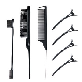 7 Pieces Hair Styling Comb Set Black - Rat Tail Comb, Boar Bristle Brush, Dual Edge Control Brush, 4pcs Duckbill Clips for Back Brushing Slicking Combing - Women Girls Baby Stylist Beauty Accessories