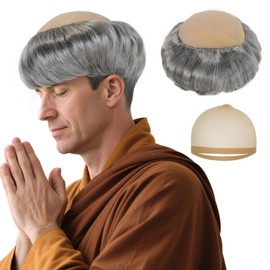Short Monk Wig Grey Gray Funny Wigs for Adults Cosplay Monk Costume Men Halloween Bald Wig Ugly Wigs for Friar Costume Christmas Themed Party Outfit +Hair Cap
