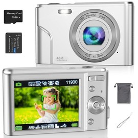 Auto Focus Digital Camera, 1 Piece Full HD1080P/48MP Mini Digital Cameras with 32GMemory Card, Ff (F/3.2, f=7.36mm), 16x ZoomCameras for Pictures, Digital Cameras forTeenagers Beginners, Spring ldea Gifts - Color: Silver