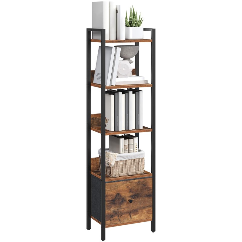 MAHANCRIS Bookshelf, 5-Tier Bookcase with Drawer, Small Book Shelf for