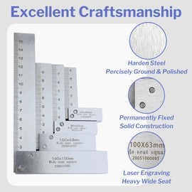 Machinist Square Set with Scales 2, 3, 4, 6 Inch, Lancisism Precision Engineer Wide Seat Square Mechanical Engineer Steel Angle Ruler High Precision 90 Degree Wide Base Square Tool