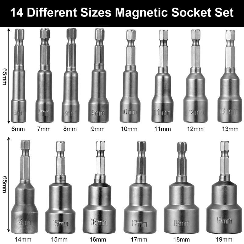 14-Piece Socket Spanner Set, 6-19 mm Magnetic Socket Adapter 1/4