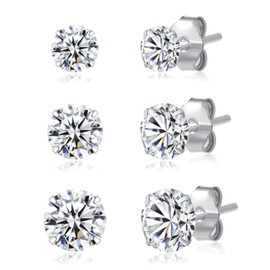 3 Pairs 925 Sterling Silver Cubic Zirconia Stud Earrings 3mm-4mm-5mm Set Men Women