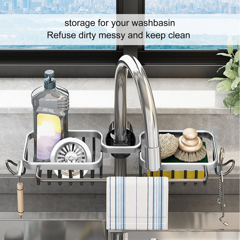 Faucet Storage Shelf Aluminum Plastic Two Containers with Towel Rod