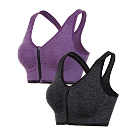 Hiking Gril Women's Zip Front Sports Bra Wireless Post-Surgery Yoga Bras Grey Purple XL