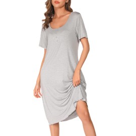 Vlazom Women's Nightdress, Ladies Soft Nighties U-Neck Nightshirts Short Sleeve Sleep Dress Nightgown Sleepwear, C-Light Grey, M