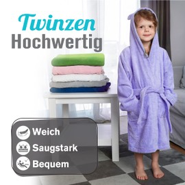 Twinzen Children's Bathrobe for Girls or Boys, 100% Cotton without Chemicals, Oeko-Tex® Certified, 2 Pockets, Belt, Hood with Ears, purple, 7-8 Jahre