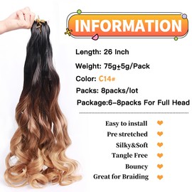 8 Packs French Curly Braiding Hair 26 Inch Loose Wave Spiral Curly Crochet Hair for Black Women Pre Stretched Braiding Hair with Curly Ends (12 inch, 1B/30/27#)