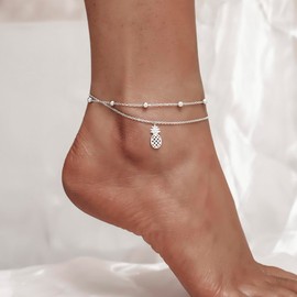 CHIC & ARTSY Women's Anklet 925 Sterling Silver Created Opal Layered Anklet Bracelet Dainty Beads Chain Anklet, Sterling Silver, No Gemstone