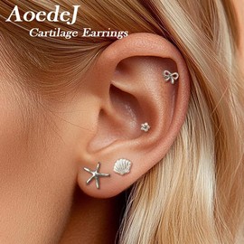 AOEDEJ 3 Pairs Small Stud Earrings Set Shell/Starfish/Bow Earrings Stainless Steels Gold Plated Dainty Beach Jewelry for Beach Summer