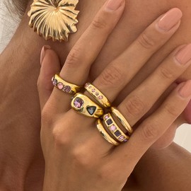6Pcs Gold Statckable Layered Knuckle Rings for Women,Vintage Chunky Colorful Crystal Open Rings Set,Trendy Unique Finger Aesthetic Jewelry(Peach,Peach)