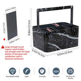 BYUNER Plastic Shower Caddy Dorm: Portable Bathroom Caddy Organizer for College with Handle and Adjustable Divider, Utility Hard Shower Basket Bath Tote for Toiletry, Shampoo, Soap (Black Marble)