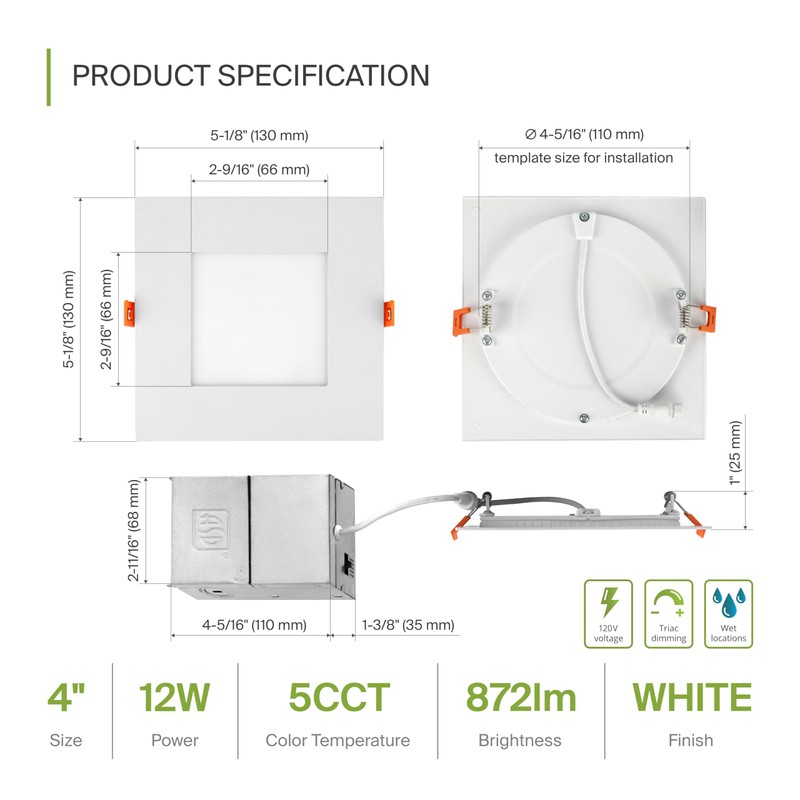 ASD 6 Pack LED Recessed Square Ceiling Light 4 Inch