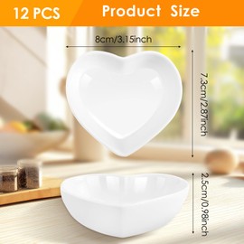 Vyndicca 12 PCS Ceramic Heart Shaped Dipping Bowls, Mini Soy Sauce Dish, Porcelain Side Dishes for Dinner Wedding Sushi Candy, Multipurpose Seasoning Dishes Serving Dishes, White