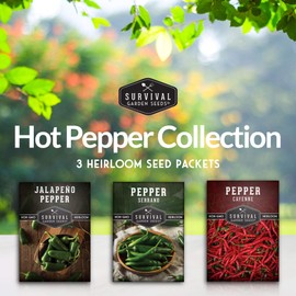 Hot Pepper Collection Seed Vault - Cayenne, Jalapeño , Serrano Seed Packets to Grow in Your Vegetable Garden - Non-GMO Heirloom Survival Garden Seeds for Planting - Popular Hot Pepper Varieties