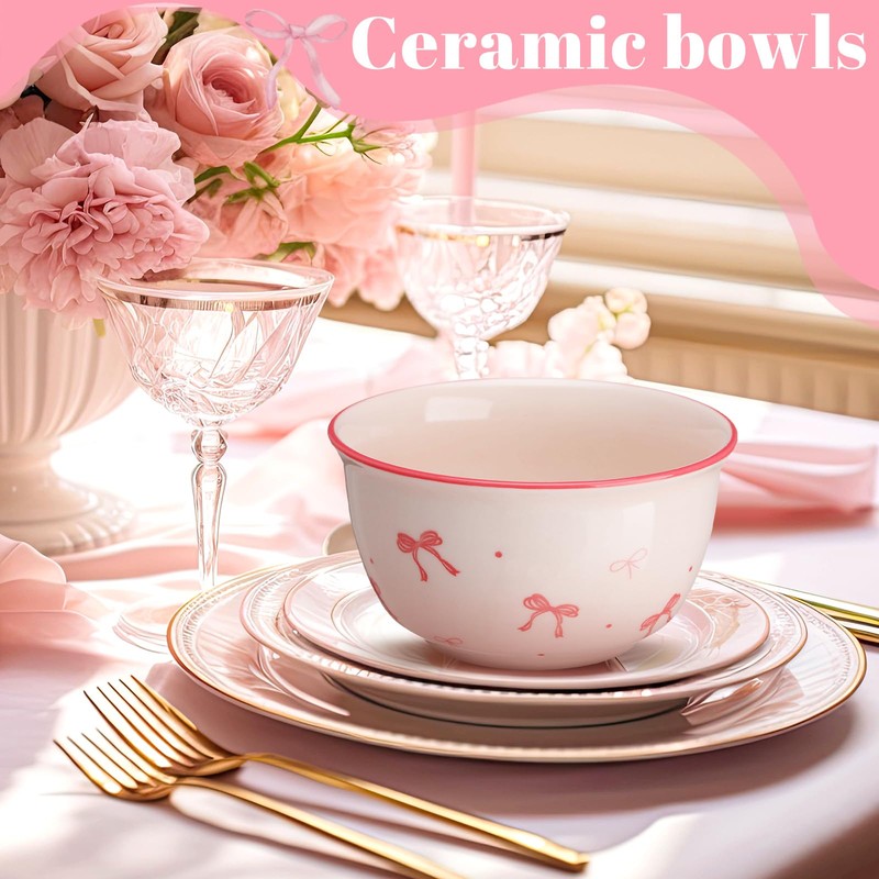 Maxdot 10 oz Pink Bow Ceramic Bowls Set of 4