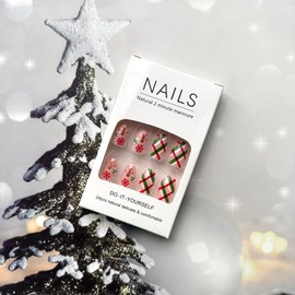 Christmas Press on Nails with Designs, Full Cover Almond Shaped Fake Nails Medium Length Acrylic Nails Red Green Plaid Christmas Designs False Nails Glossy Xmas Artificial Nails for Women Girls
