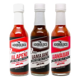 Adoboloco Hot Sauce Da Goods (3-Pack) 5oz Spicy Hamajang, Jalapeno, Hawaiian Chili Pepper Water Extremely Tasty Fiery Chili Pepper Sauce Bundle
