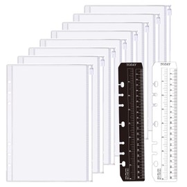 LOORIPRO A5 Clear Pocket Set of 8 Notebook Refills, Zipper Pockets, Includes 2 Bookmark Rulers, 6 Holes