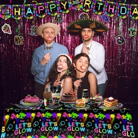 154Pcs Neon Party Supplies Set - Serves 24, Glow in the Dark Party Supplies, Includes Plates, Napkins, Banner, Hanging Swirls, Cups, Cutlery, Tablecloth for Glow Birthday Decorations