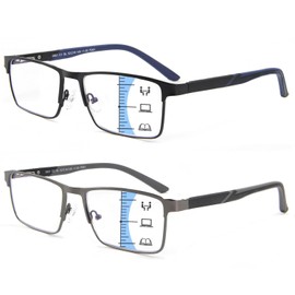 GOGELAS 2 Pack Multifocal Progressive Reading Glasses Men Blue Light Blocking, Rectangular Multifocus Transition Glasses Readers No Line Bifocal Reader with Spring Hinge (for Mid and Near Range 2.0x)