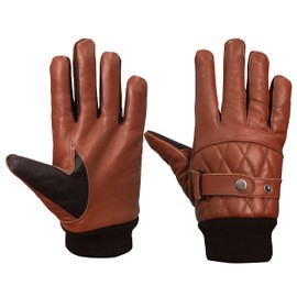 URBAN BUCK Mens Leather Motorcycle Gloves - Adult Warm Touchscreen Button Down Ribbed Quilted Tan Brown Riding Gloves Men (XXL)