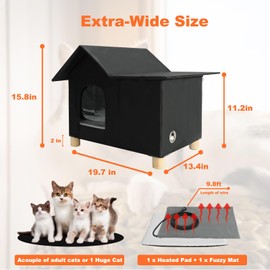 HUMLANJ Elevated Large Heated Cat House for Outdoor Cats in Winter, Weatherproof Feral Cat Shelter with 2 Pads, Collaspable Insulated Cat Kennel Outside Stray Cat Hut for Wild Small Animal Rabbit