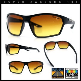 Xloop Mens HD+ Night Driving Amber Lens Wrap Around Sport Plastic Sunglasses - Matte Black
