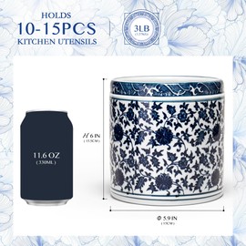 CHALEEMANG Utensil Holder, 6" Premium Ceramic Kitchen Utensil Rack for Countertop, Hand-painted blue and white porcelain made in Jingdezhen suitable for Vintage Farmhouse Kitchen Counter Decor