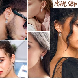 Fashion Initial Alphabet Letter Q Stud Earrings Mens Boys Hip Hop Earrings 925 Sterling Silver Women Girls Monogram Name Earrings Cubic Zirconia Initial Earrings Jewelry FE0116Q