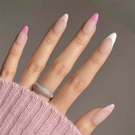 Enppode French Tip Press on Nails Medium Length Almond Fake Nails Colorful Nails for Women