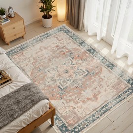 Rugxara 3x5 Washable Entryway Rug, Non Slip Boho Runner Rugs for Hallway, Entrance, Kitchen, Bathroom, Laundry Room, Soft Entryway Carpet, Throw Low Pile Retro Imitation Wool Carpet, Coral