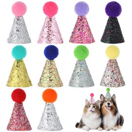 Small Dog Party Hats, 10 Pieces Mini Party Hats for Stuffed Animals Multicolor Dog Hats Glitter Cat Birthday Hat Adjustable Dog Birthday Party Hats for Small Dogs Cats Wedding Birthday Party Supplies