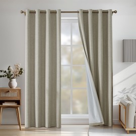 CYCMACO 100% Blackout Curtains, Set of 2, 140 x 260 cm, Thermal Curtains, Linen Look, Opaque Curtain with Eyelets, Soundproofing Curtain, Bedroom Curtains, Modern, Natural