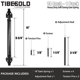 14" Gate Spring Self Closing, Heavy Duty Black Door Closer Spring, Adjustable Tensioner Automatic Outdoor Gate Closure, Gate Spring Hardware with Adjustable Tool for Wooden and Vinyl Fence, 1 Pack