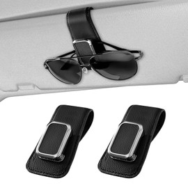 BMLEI Sunglasses Holder for Car, One-Handed-Operation Leather Sunglasses Clip for Car Sun Visor, 2Pack Durable Eyeglasses Holder and Ticket Card Clip, Auto Interior Car Visor Accessories (Black)