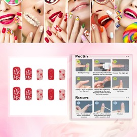 Rchovsam Short Square Press on Nails Red Christmas Nails Press Ons Valentine's Day Red Love Designs False Nails Full Cover Artificial Acrylic Fake Nails Valentine's Day Gift for Women 24pcs