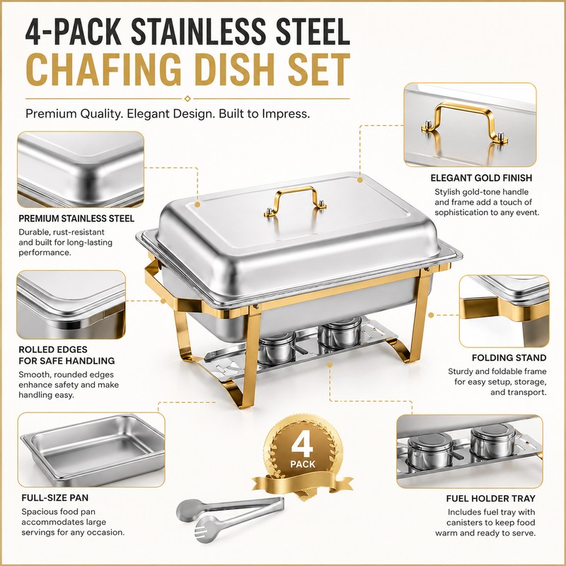 8QT Stainless Steel Chafing Dish Set for Buffets – Gold