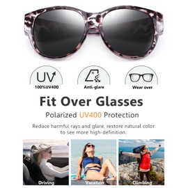 Br'Guras Polarized Oversized Fit Over Glasses Sunglasses for Women and Men Wear Over Glasses with Cat Eye Frame Shopping Running Driving(Grey Leopard-Black/Non-mirrored)
