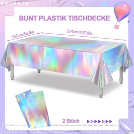 Pack of 2 Colourful Plastic Tablecloths, Birthday, Colourful Plastic Tablecloths, 137 x 274 cm, Rectangle, Colourful Plastic Tablecloth, Laser Holographic Tablecloths, Birthday Tablecloth, for Party
