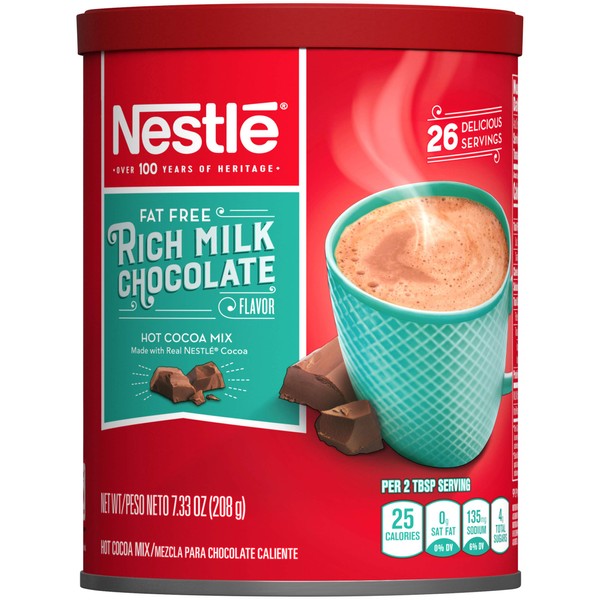 NESTLE Fat Free Rich Milk Chocolate Hot Cocoa Mix, 7.33 oz. Canister | Pack of 4 | Hot Chocolate Made with Real Cocoa