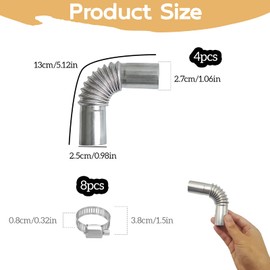 Stainless Steel Exhaust Pipe Angle Connector Set 25 mm, 4 Pieces Auxiliary Heater Accessories with 90 Degree Bend, Exhaust Pipe Angle for Car Heating, Includes 8 Stainless Steel Hose Clamps for Secure