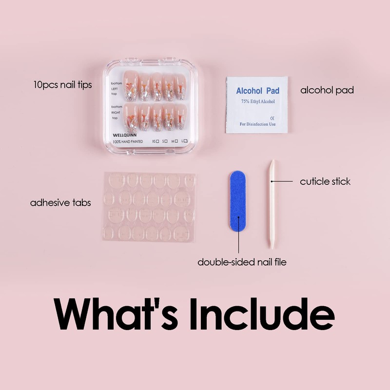 Wellquinn Press On Nails Pink Medium Coffin Nails, Elf M